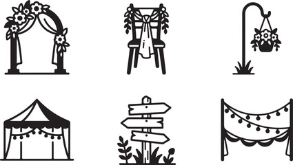 Naklejka premium Black and white wedding and party decorative icons set Vector