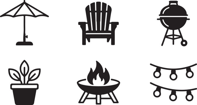 Set of six outdoor patio icons including grill, chair, umbrella, and fire pit Vector