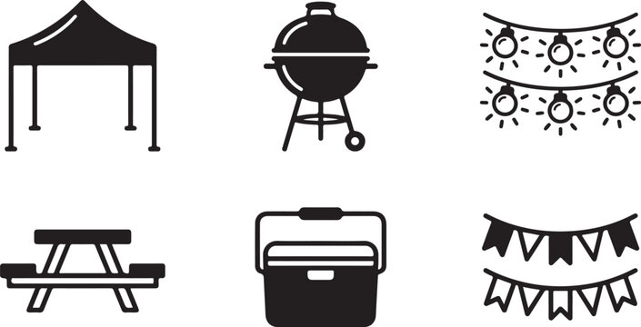 Black picnic and barbecue party icons set with string lights Vector