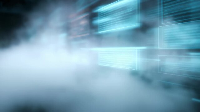 Dynamic visualization of cloud computing and digital transformation with illuminated data panels in a high tech virtual space. The image conveys innovation, connectivity, and modern digital trends
