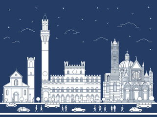 Obraz premium Siena Italy City Skyline Vector Illustration with Historic Architecture Line Art