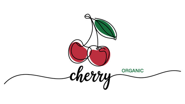 Minimalist continuous line drawing of two sweet red cherries with a green leaf and stylized organic typography text for food branding and healthy logos