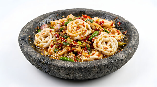 Authentic spicy Indonesian Seblak Cobek. Chewy boiled crackers mixed with fiery garlic chili paste in a traditional stone mortar