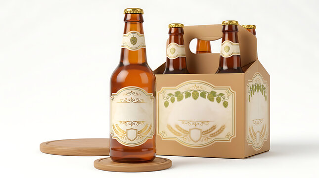 A single amber beer bottle and a six-pack carrier with blank labels on a white background, ready for branding.