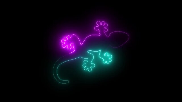Abstract Lizard. Self drawing animation one continuous line draw, logo. Blazing flame, energy, fire on black background. neon blue luminous sign