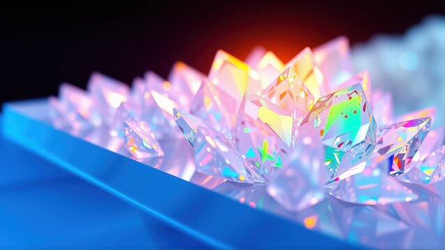 Crystals exhibit vibrant colors, light reflections. Sharp edges create abstract, futuristic composition. Dramatic illumination enhances texture, form.