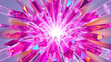 Obraz premium Vibrant pink crystal explosion. Light radiates outward from central point, creating dynamic visual effect. Dark background emphasizes luminosity.