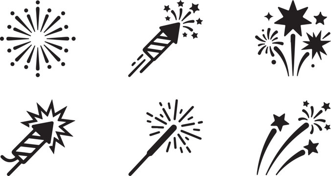Six different fireworks and sparkler vector icons in black and white Vector