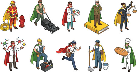 Isometric superhero essential workers vector elements collection featuring everyday heroes professions firefighters doctors teachers and blue collar laborers, © Utpal