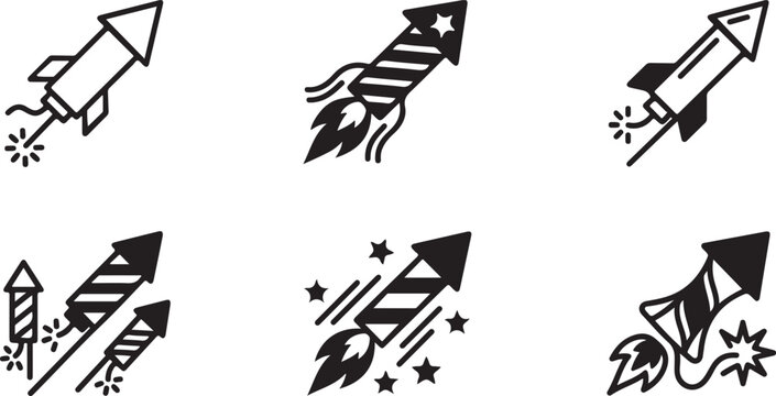 Black and white rocket fireworks icons set with stars Vector