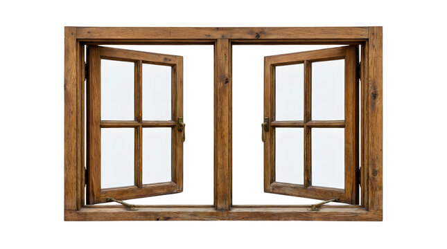 Rustic wooden window frame with open shutters, vintage brown timber window isolated on white background, classic architectural element for home design