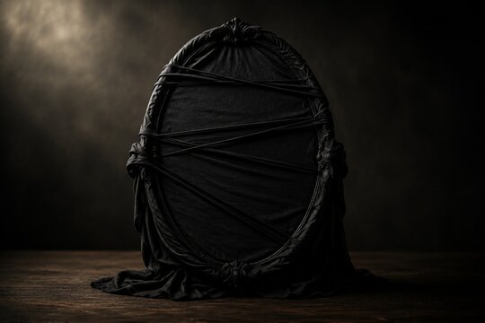 A mirror completely covered and bound with black cloth, no reflection.