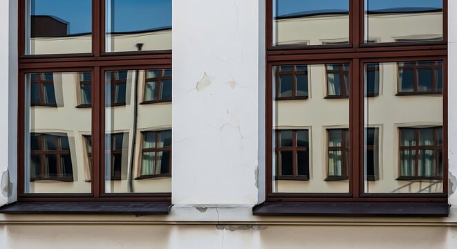 Modern Building Windows with Reflection and Architectural Details.