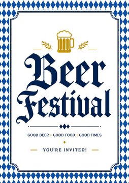 Beer Festival Invitation Typography Poster with Bavarian Blue Diamond Border and Vintage Blackletter Design