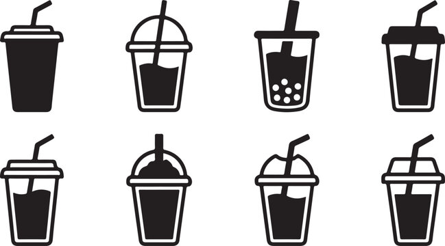 Flat design iced coffee or tea drinks with straws in cups Vector