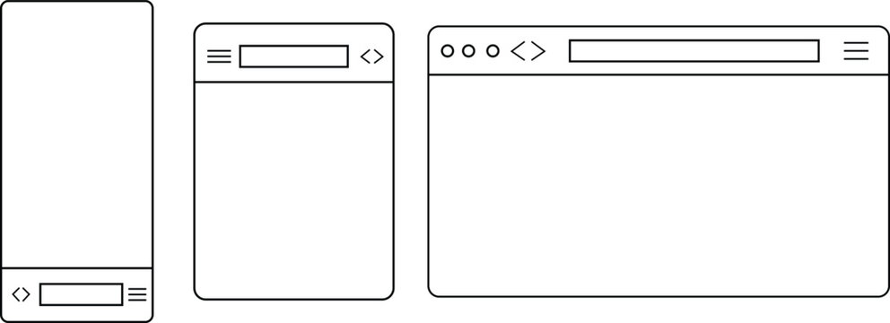 Responsive web browser mockup vector set with tablet and mobile phone screen wireframe