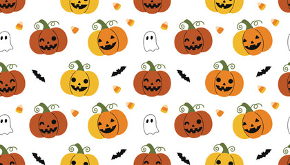 Fototapeta premium Playful Halloween seamless pattern displays spooky ghosts, bats, candy corn, and smiling pumpkins on a clean white background.