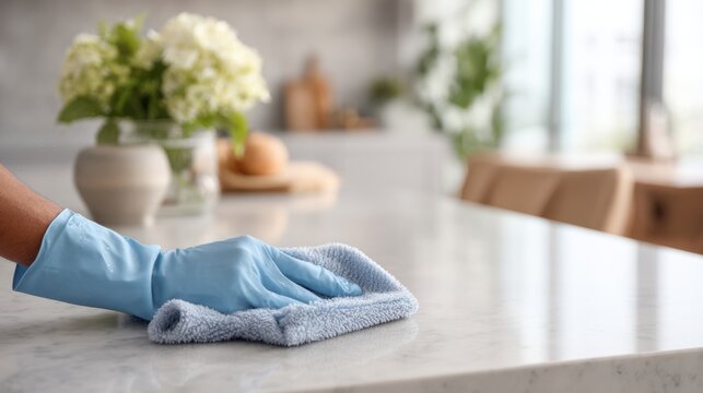 Hands put on blue rubber gloves spray disinfectant and wipe a kitchen countertop with a microfiber cloth. This scene shows a focus on cleaning tasks in a kitchen setting