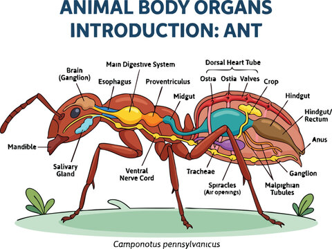 Anatomical diagram of a Camponotus pennsylvanicus ant showing internal organs with labels