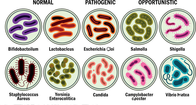 Medical vector illustration set of human gut microbiota bacteria types and pathogens in petri dishes isolated on white background