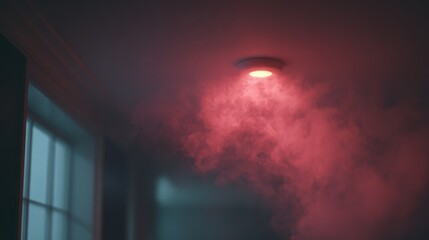 Obraz premium A smoke detector shines red light in a dark room as smoke slowly drifts through the air, creating a scene of urgency and safety concern. The room appears dim and unsettling