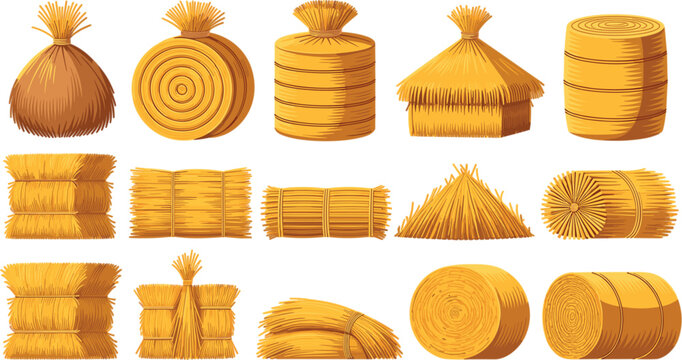 Golden hay bales and straw stacks vector illustration collection with agricultural crop sheaves and traditional farm harvest elements on white background