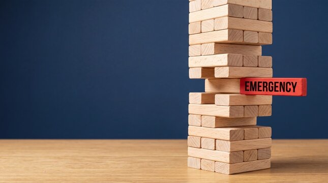Emergency fund savings concept with red wooden block labeled emergency in jenga tower stack, financial security and risk management stability metaphor.