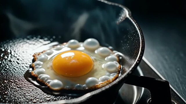 Sunny-Side Up Egg Sizzling in Steaming Cast Iron Skillet, Dramatic Dark Moody Breakfast Closeup
