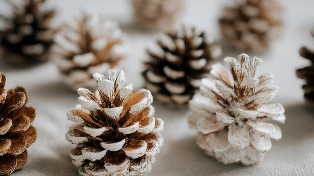 Close up of several pine cones with frosted tips arranged on a soft neutral background. Natural winter decor elements create a cozy and festive seasonal atmosphere for holiday inspiration