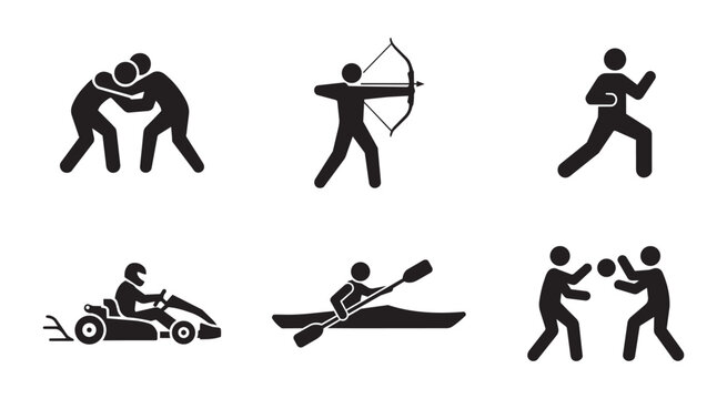Collection of sports pictograms for wrestling, archery, boxing, go-karting, kayaking, and combat sports. Action figures in athletic poses.
