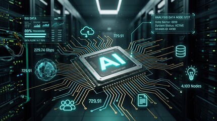 Fototapeta premium Futuristic artificial intelligence processor chip with glowing neural network circuits and big data analysis interface floating in a high-tech server room representing advanced