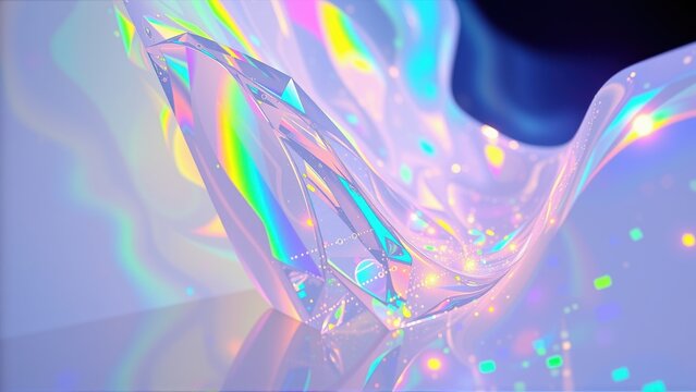 Abstract iridescent shapes, flowing forms. Light refracts, creating vibrant spectrum. Soft gradients, dreamy visuals.