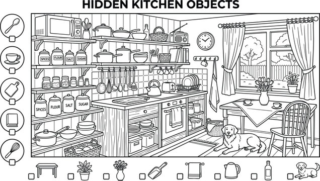 Hidden kitchen objects puzzle coloring page vector illustration with pantry shelves counter dining table and friendly dog