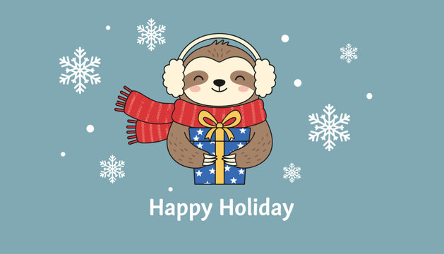 Cute cartoon sloth wearing scarf and earmuffs holding a Christmas gift box with winter snowflakes on blue.
