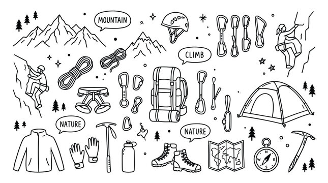 Adobe IlluMountain Climbing and Outdoor Adventure Icons &ndash; High‑Resolution Illustration Representing Hiking, Gear, and Exploration for Travel, Nature, and Creative Projectsstrator Artwork