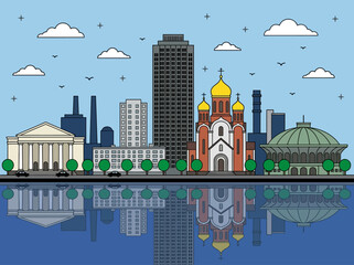 Obraz premium Flat Vector City Skyline Illustration with Orthodox Cathedral and Water Reflection
