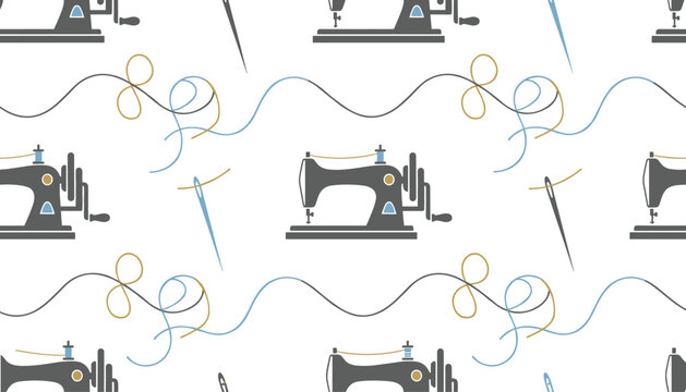 Sewing theme seamless pattern with vintage sewing machines, steel needles, and curved blue and gold thread lines.