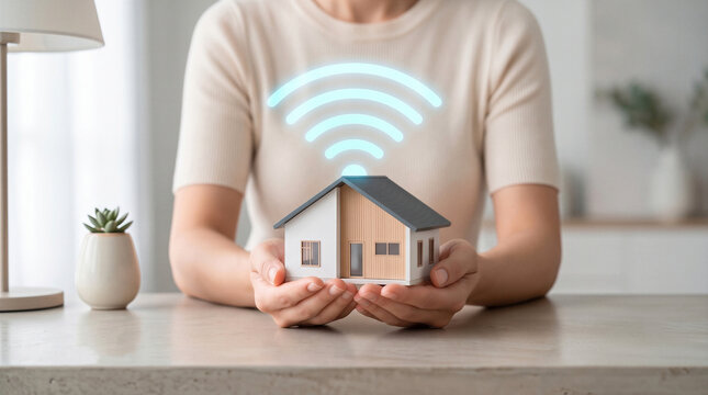 Woman holding a model house with a glowing Wi-Fi symbol. Smart home technology, and wireless internet connection