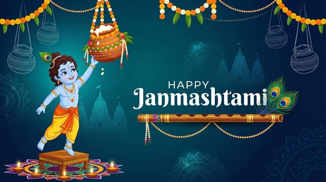 Happy Janmashtami Vector Banner with Cute Little Lord Krishna Reaching for Dahi Handi, Flute, and Peacock Feather on Blue Decorative Background