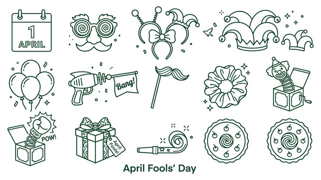 April fools day icons set, funny calendar, masks, jokes, and tricks in outline style.