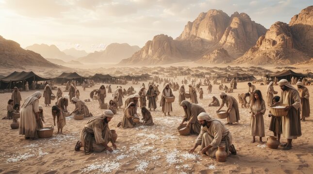 Israelites gathering manna food during their desert journey in the biblical wilderness.