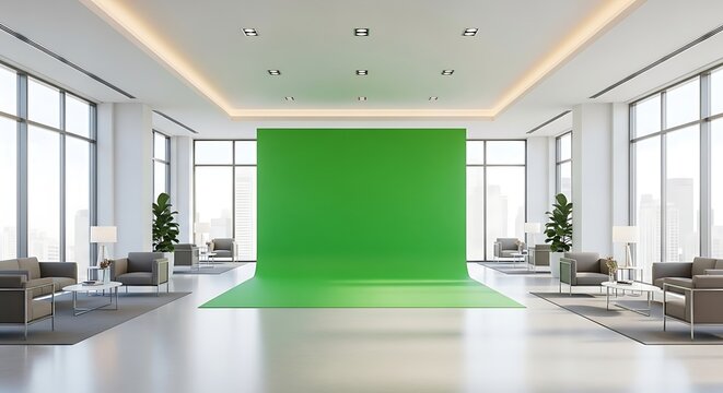 Modern office lobby interior with a large green screen backdrop for virtual production.