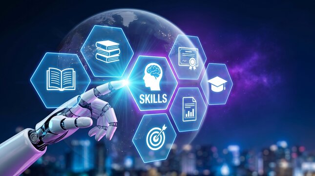 Futuristic Robotic Hand with Digital Education Icons for AI Learning and Skill Development