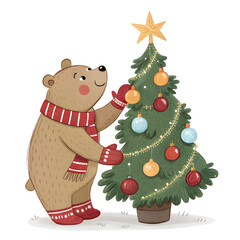 Fototapeta premium adorable bear decorating a small Christmas tree with colorful ornaments and a golden star, isolated on white background