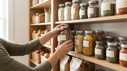 Obraz premium Person organizing pantry shelves with jars of dry goods and baskets of produce