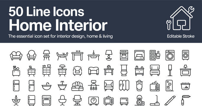 Home interior thin line icon bundle vector illustration featuring essential house furniture apartment renovation architectural planning elements