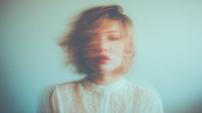 Woman in motion with blurred features against a light background