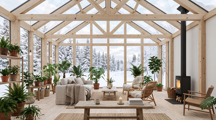 Obraz premium Cozy glass conservatory filled with plants and a wood stove overlooking a snowy forest