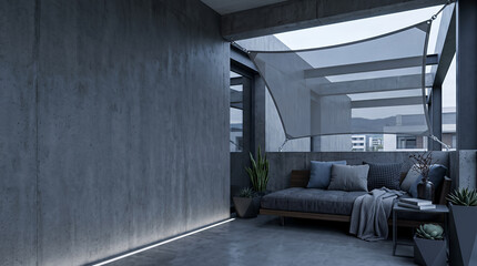 Naklejka premium Minimalist concrete patio with daybed under a shade sail at blue hour