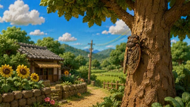 夏の田園風景に佇む大きなセミと古民家のクレイアニメ